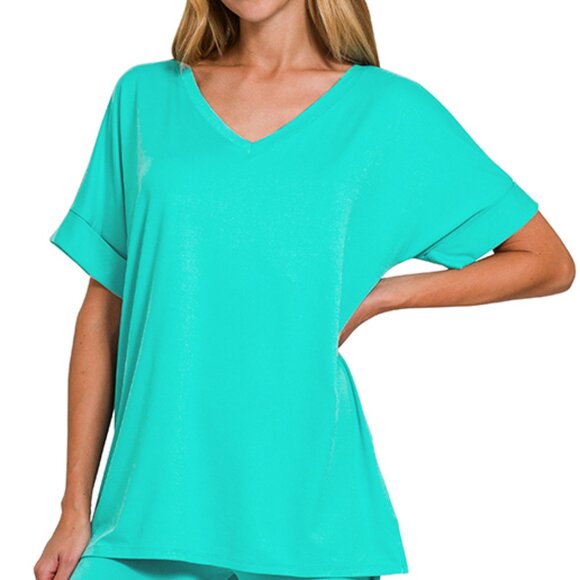 V‑Neck Short-Sleeve Loungewear Leggings Set-Buttery Soft Brushed DTY Microfiber - Picture 3 of 4